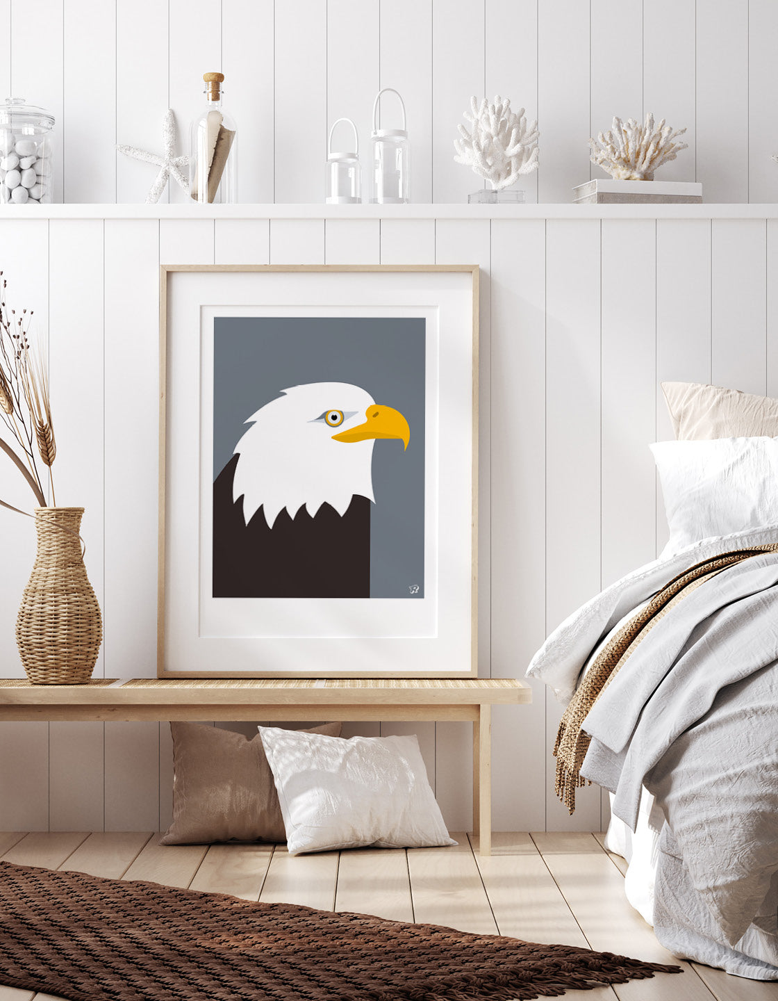 A modern minimal art print of a Bald Eagle, showcasing its majestic features in a stylish design.