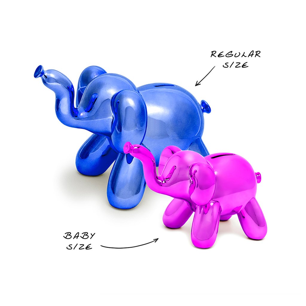 A glossy baby elephant piggy bank in various colors, designed for children to save their first pennies.