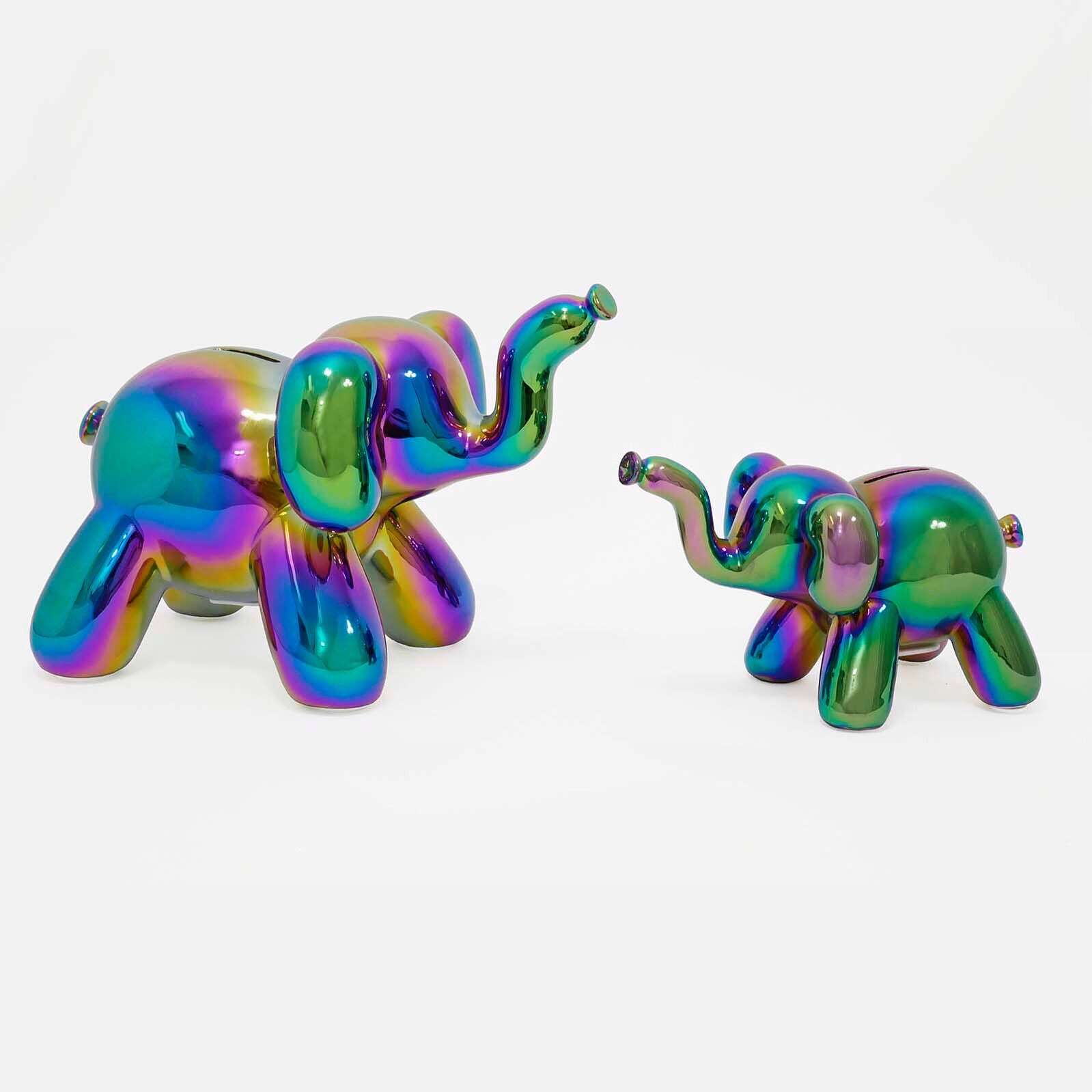 A glossy baby elephant piggy bank in various colors, designed for children to save their first pennies.