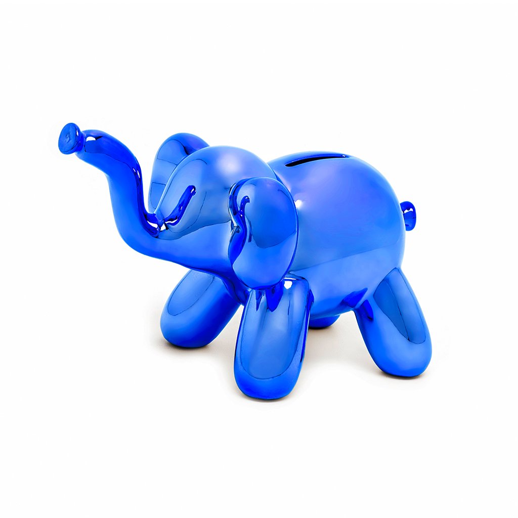 A glossy baby elephant piggy bank in various colors, designed for children to save their first pennies.