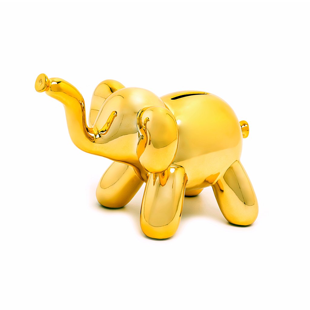 A glossy baby elephant piggy bank in various colors, designed for children to save their first pennies.