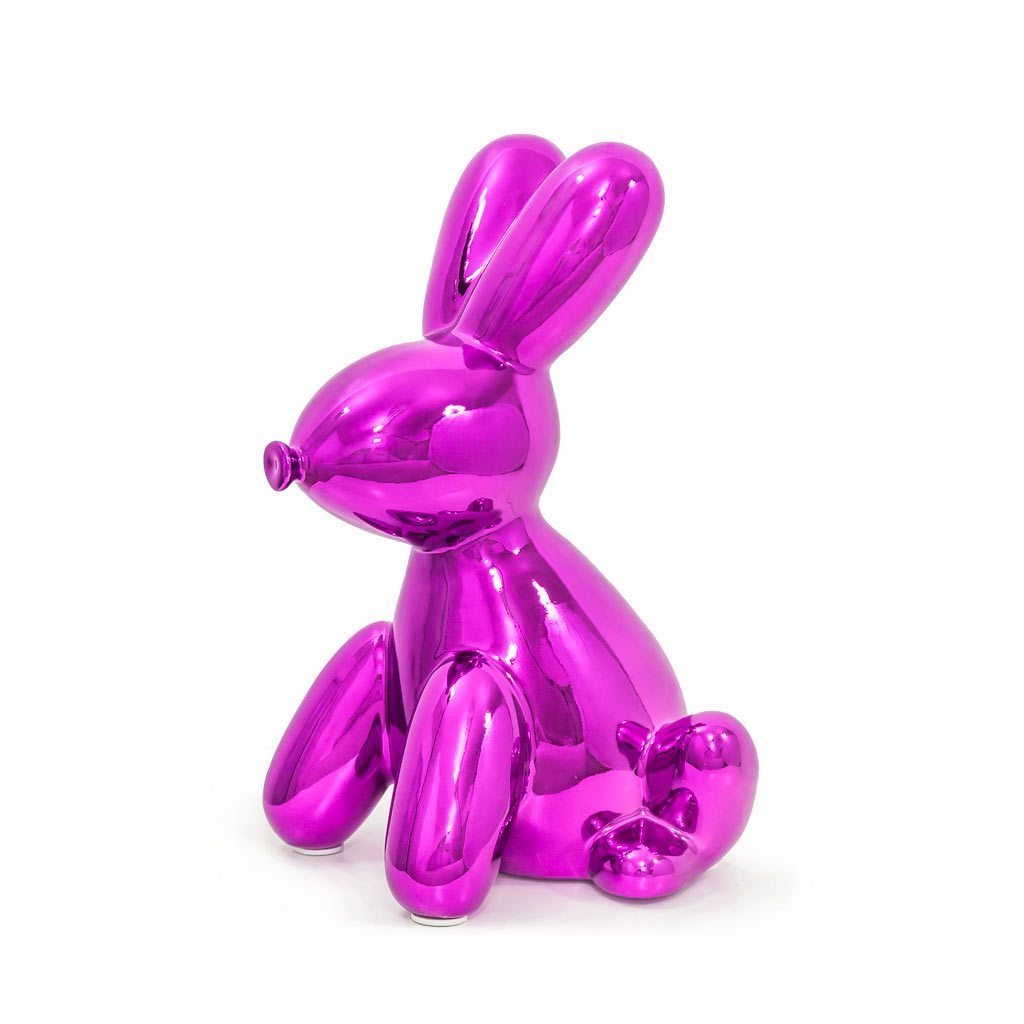 A glossy ceramic balloon bunny money bank in vibrant colors, featuring pink ears and a cheerful smile, perfect for saving coins.