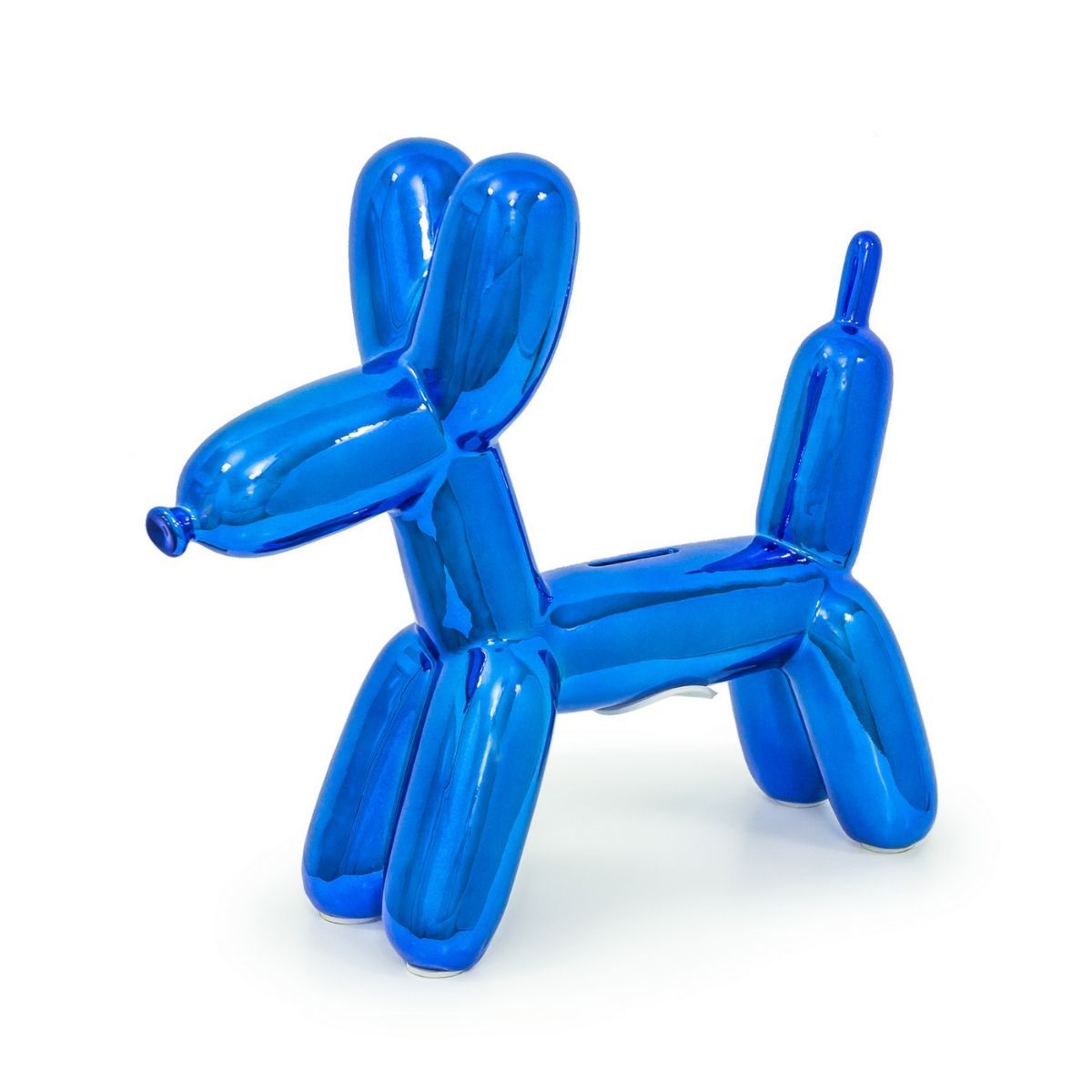 A glossy balloon dog money bank in vibrant colors, showcasing its playful design and high-gloss ceramic finish.