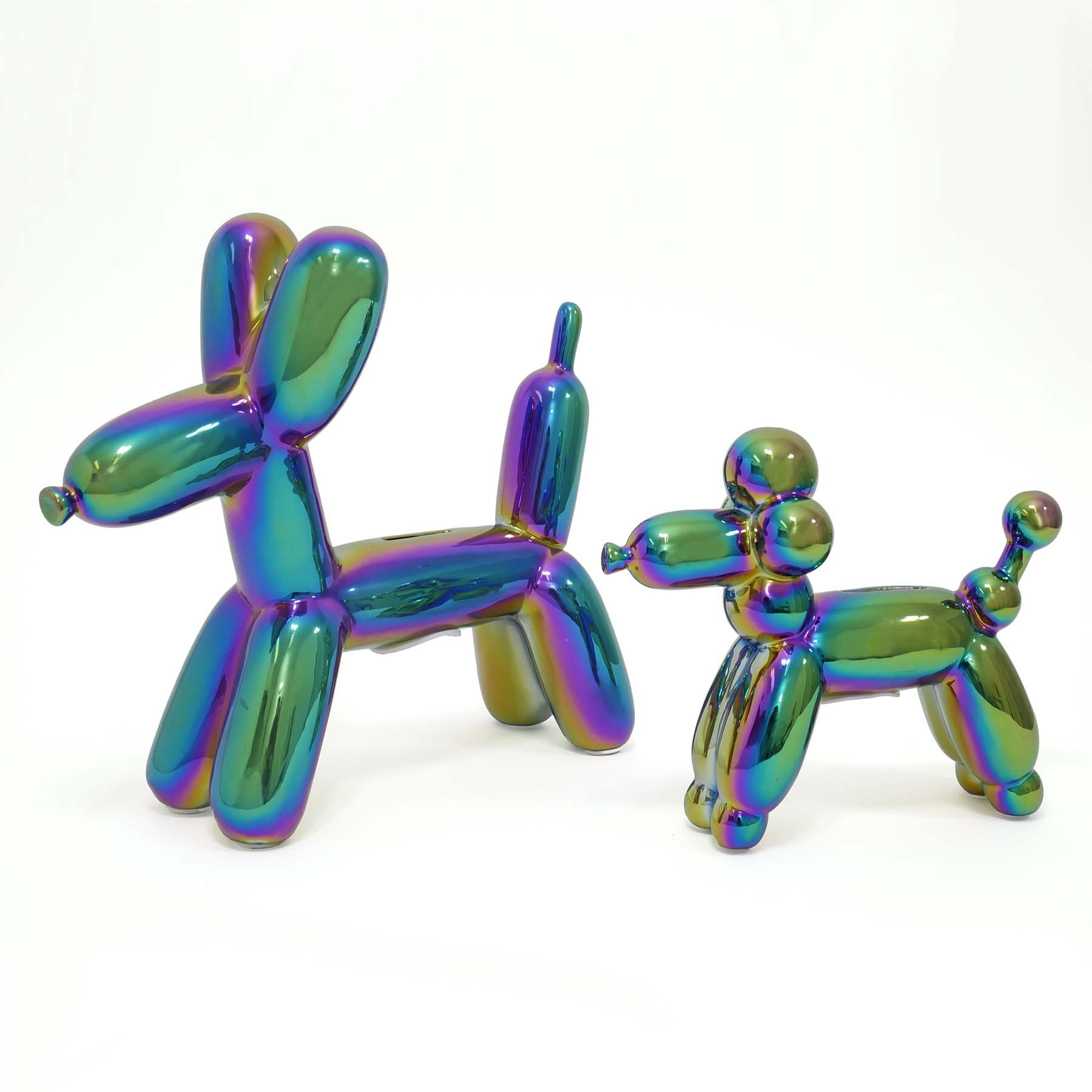 A glossy balloon dog money bank in vibrant colors, showcasing its playful design and high-gloss ceramic finish.