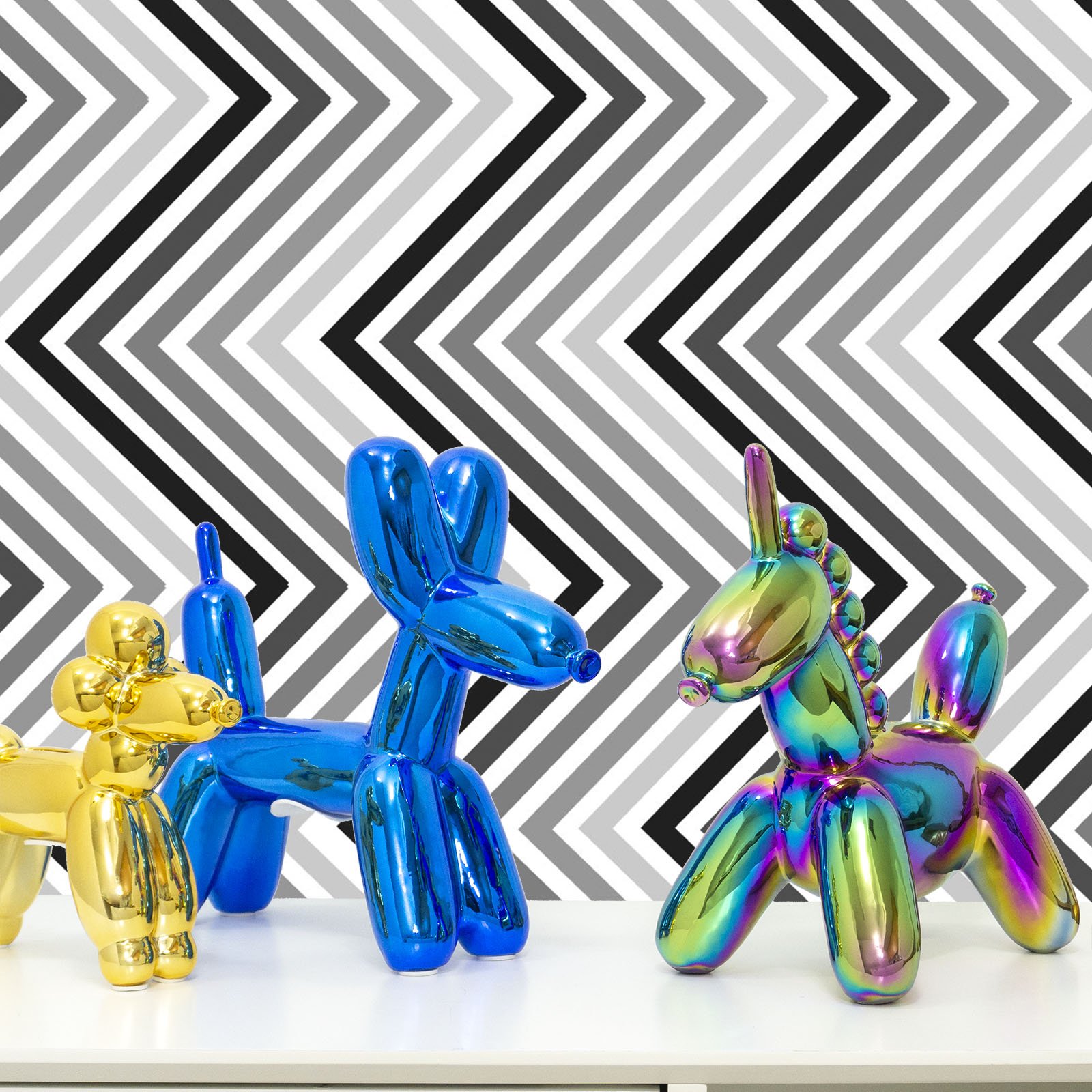 A glossy balloon dog money bank in vibrant colors, showcasing its playful design and high-gloss ceramic finish.