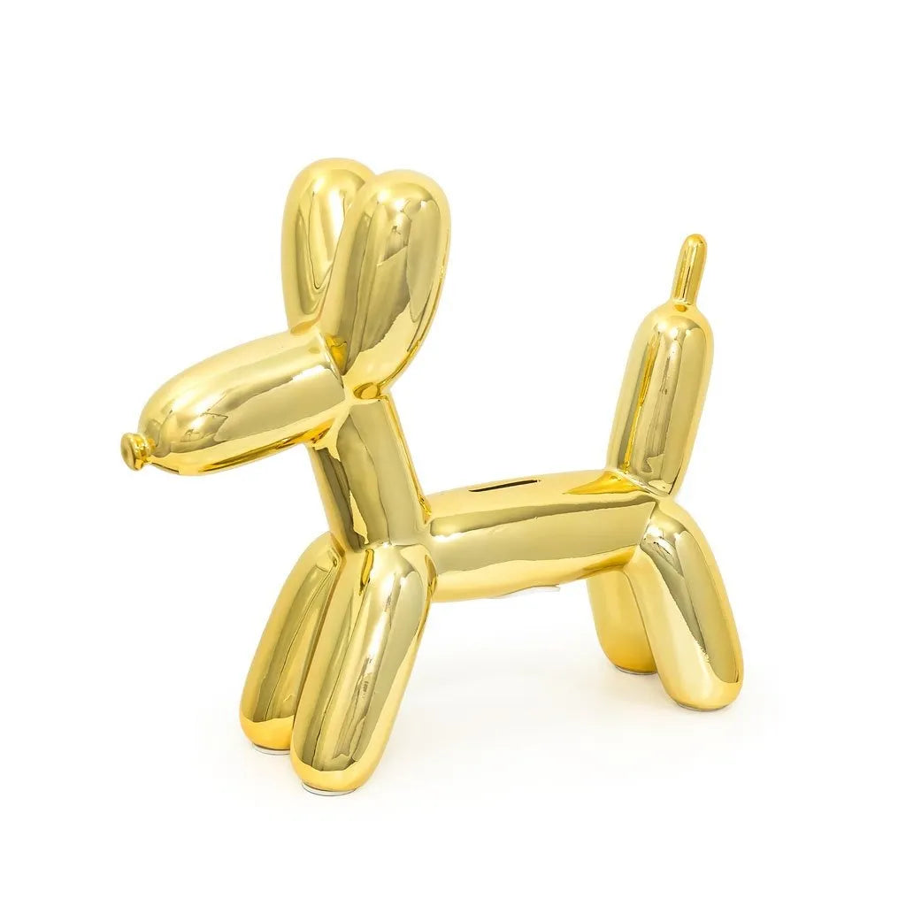 A glossy balloon dog money bank in vibrant colors, showcasing its playful design and high-gloss ceramic finish.