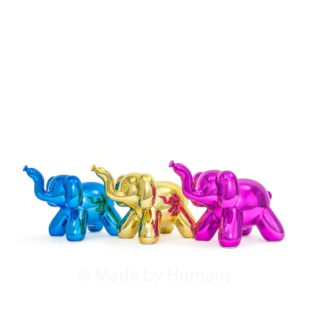 A colorful balloon elephant money bank made of high-gloss ceramic, featuring a shiny surface and whimsical design, perfect for saving coins.