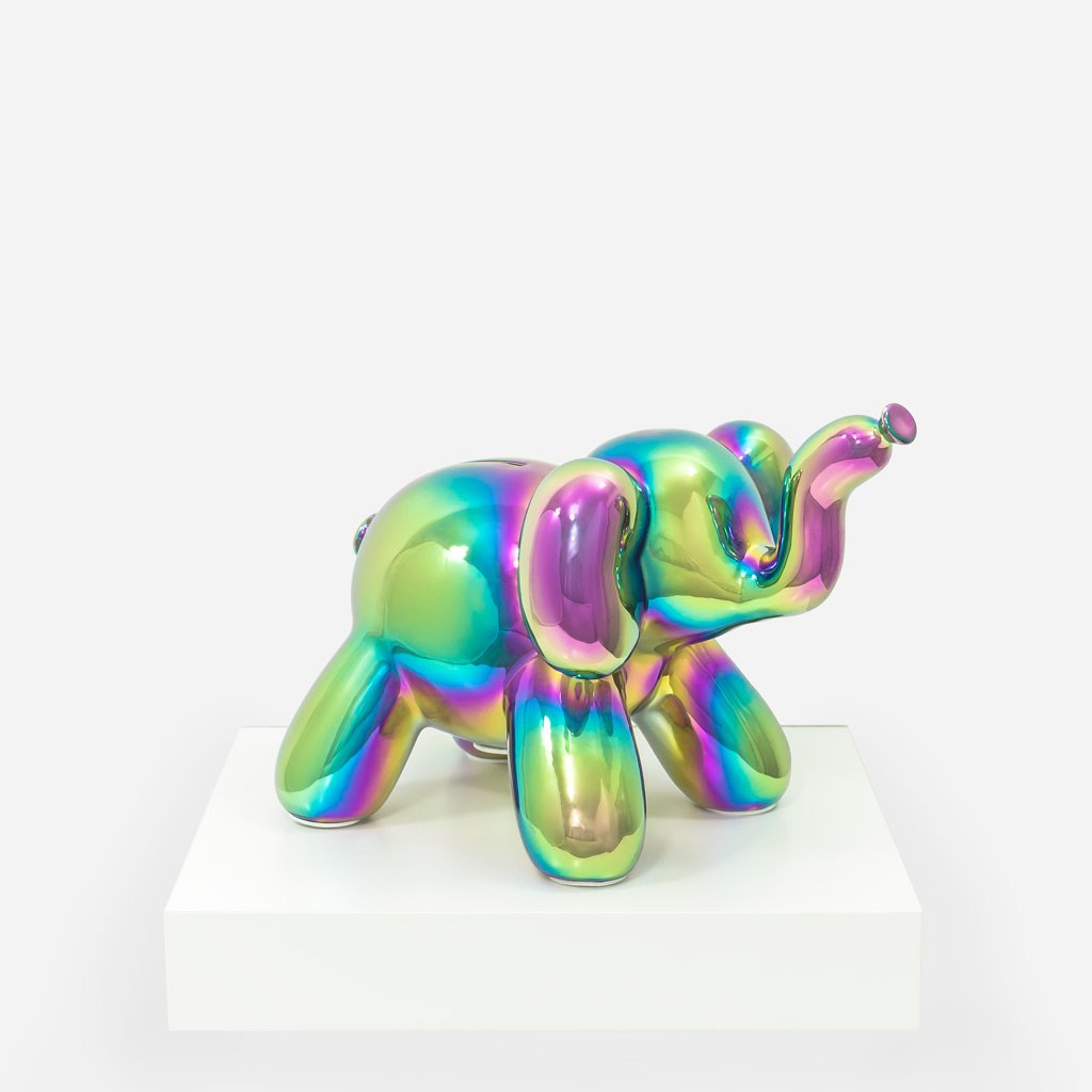 A colorful balloon elephant money bank made of high-gloss ceramic, featuring a shiny surface and whimsical design, perfect for saving coins.