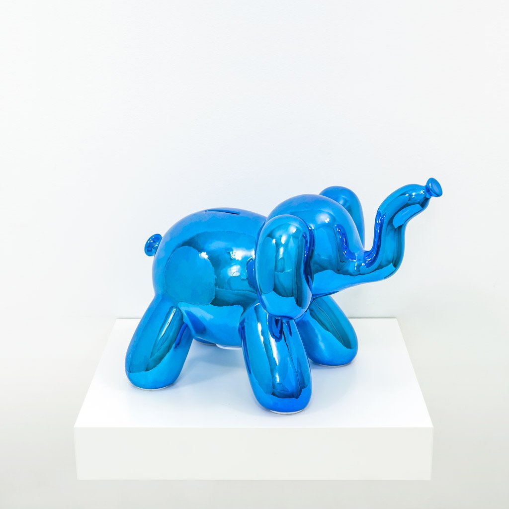 A colorful balloon elephant money bank made of high-gloss ceramic, featuring a shiny surface and whimsical design, perfect for saving coins.