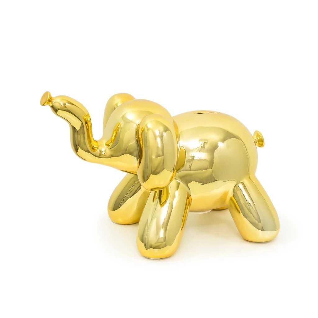 A colorful balloon elephant money bank made of high-gloss ceramic, featuring a shiny surface and whimsical design, perfect for saving coins.