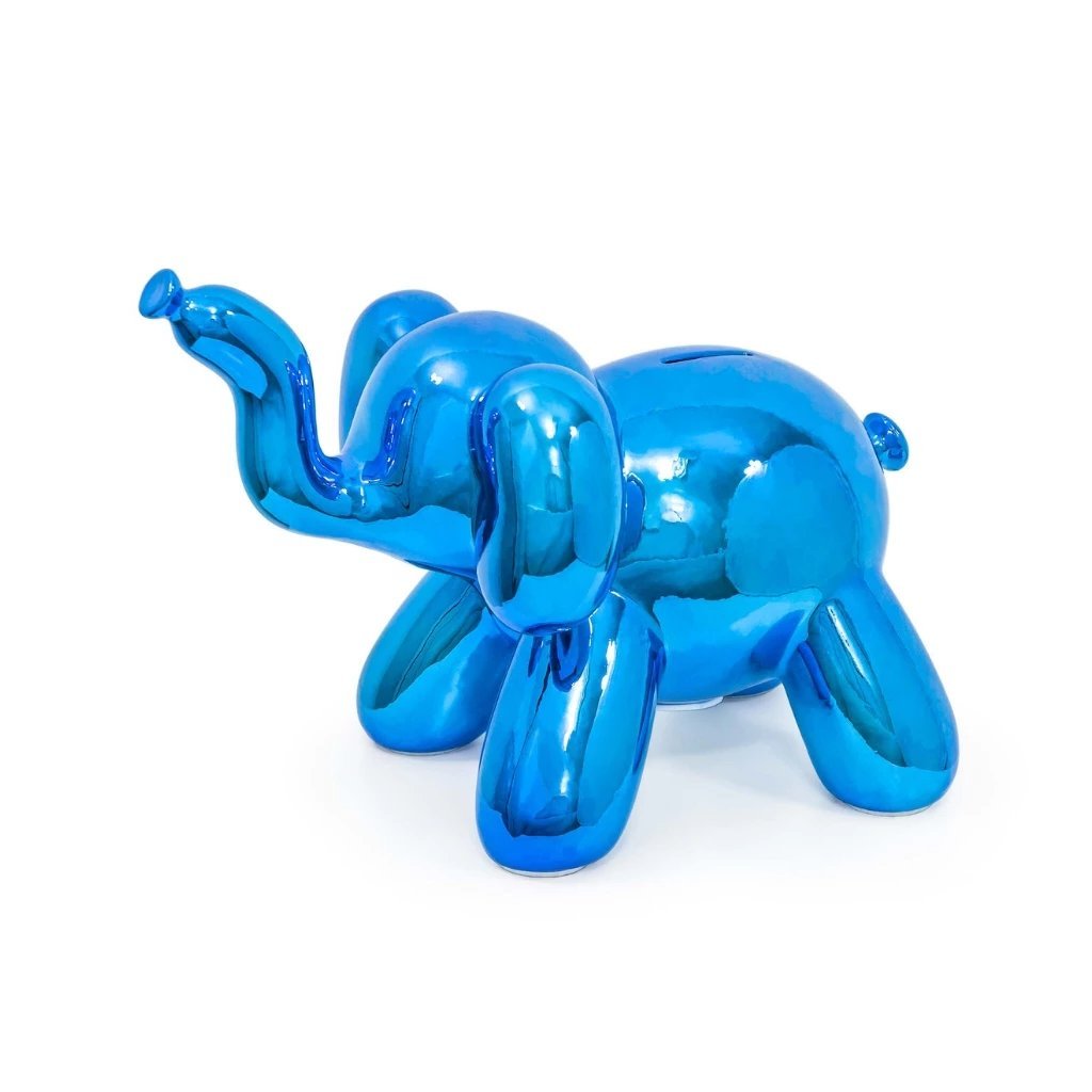 A colorful balloon elephant money bank made of high-gloss ceramic, featuring a shiny surface and whimsical design, perfect for saving coins.