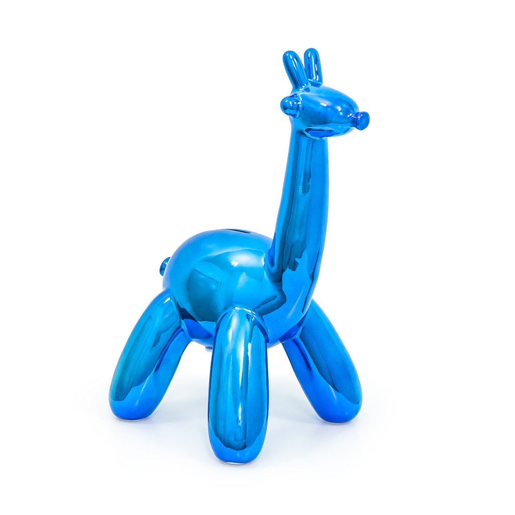 A stylish Balloon Money Bank shaped like a giraffe, featuring a glossy metallic finish in blue, gold, and pink colors, perfect for saving coins.