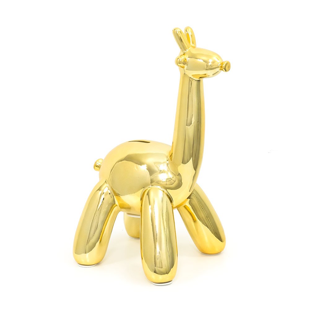 A stylish Balloon Money Bank shaped like a giraffe, featuring a glossy metallic finish in blue, gold, and pink colors, perfect for saving coins.