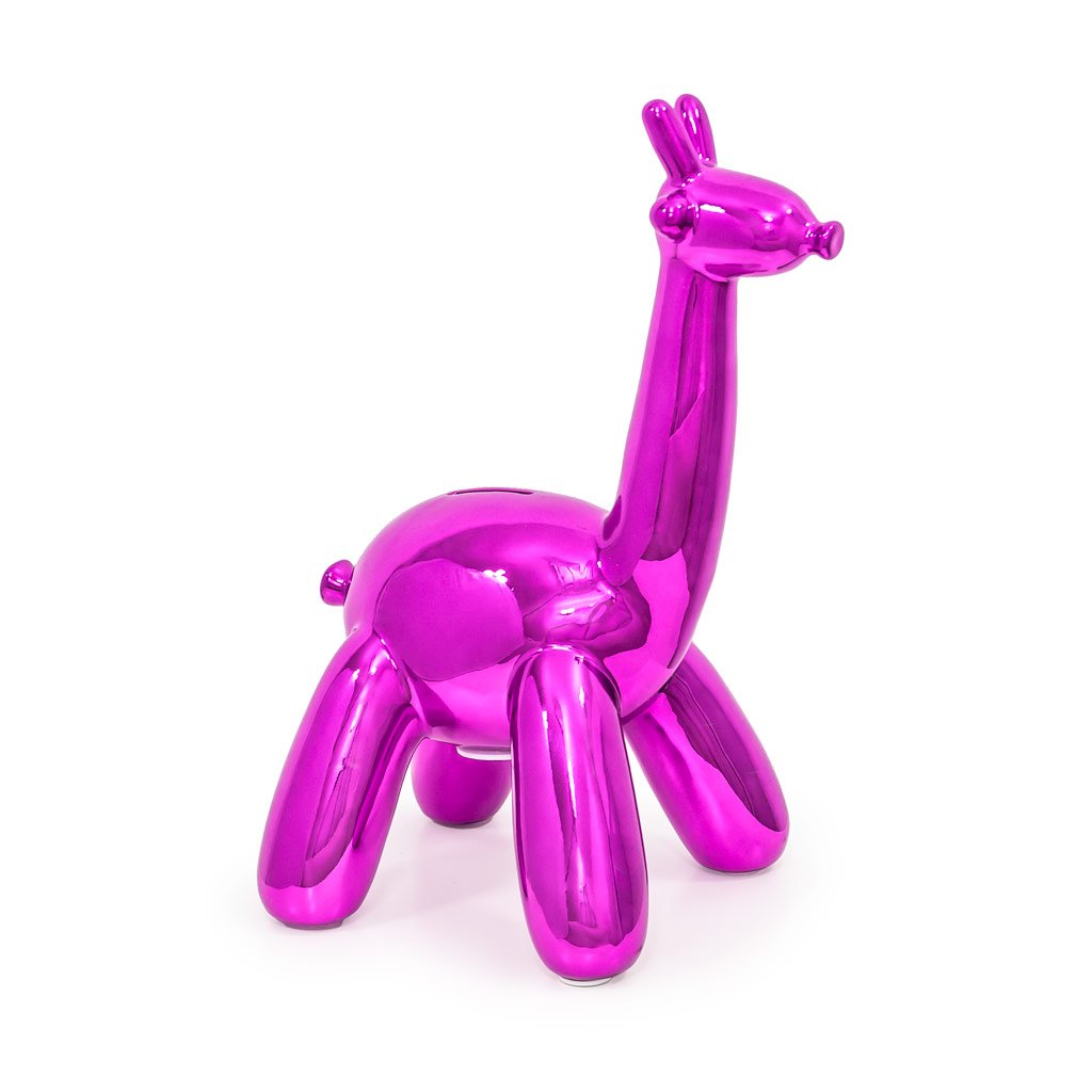 A stylish Balloon Money Bank shaped like a giraffe, featuring a glossy metallic finish in blue, gold, and pink colors, perfect for saving coins.