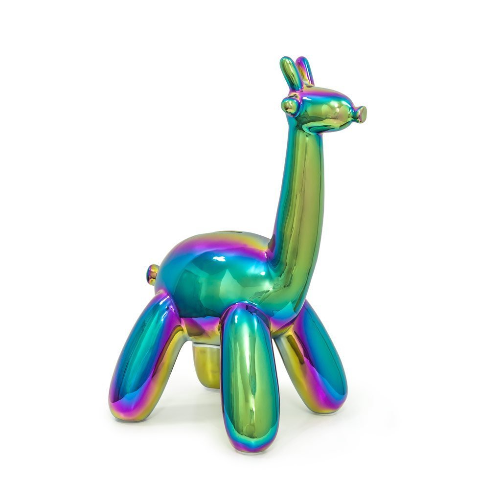 A stylish Balloon Money Bank shaped like a giraffe, featuring a glossy metallic finish in blue, gold, and pink colors, perfect for saving coins.