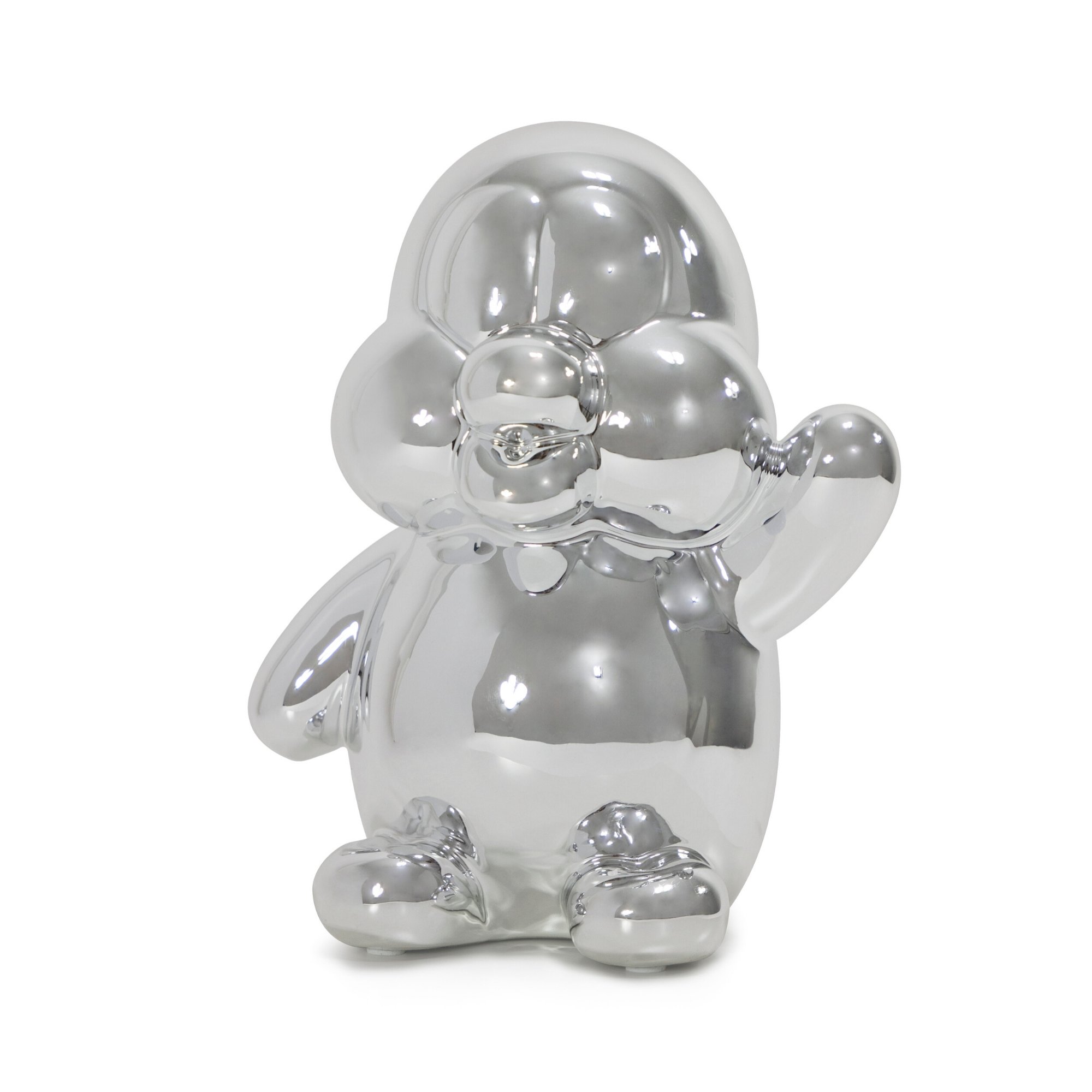 A charming penguin-shaped money bank made of high-gloss ceramic, featuring a whimsical balloon design in blue, gold, and silver colors.