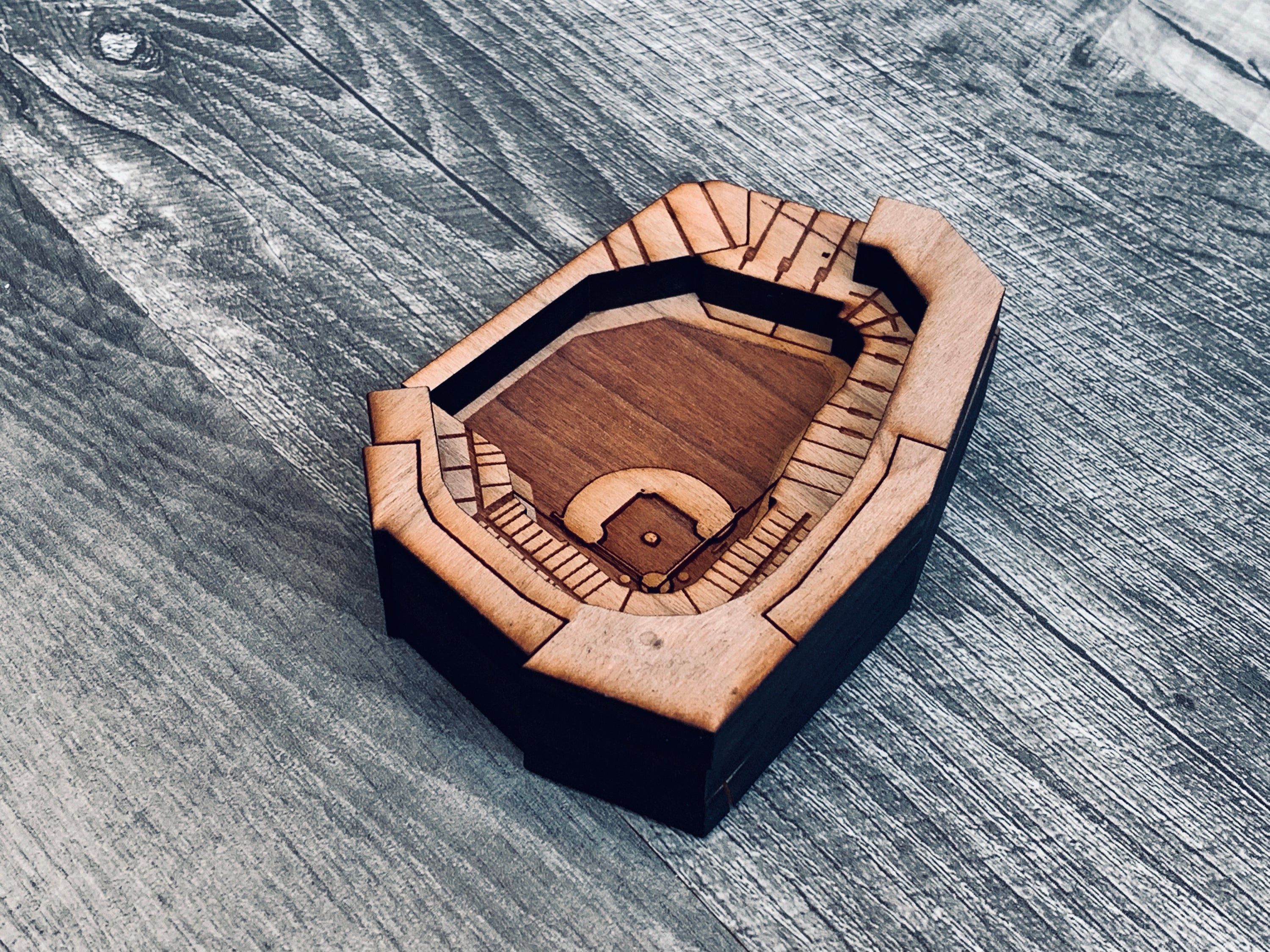 A set of Ballpark Magnets made from cherry hardwood, featuring strong ceramic magnets, displayed in an engraved craft gift box.