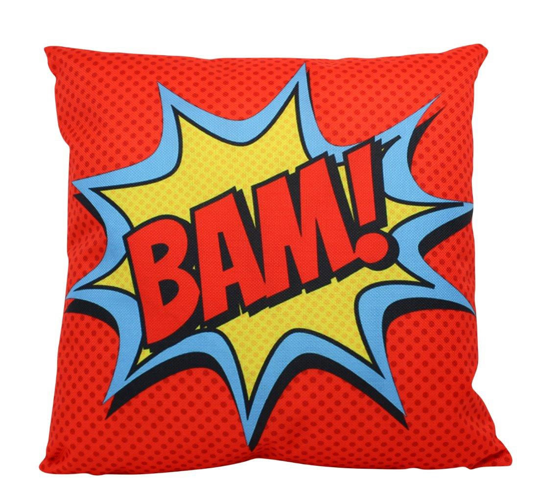 BAM! Anime Pillow Cover featuring a bright red comic design with the word BAM! in bold letters, perfect for kids' rooms.