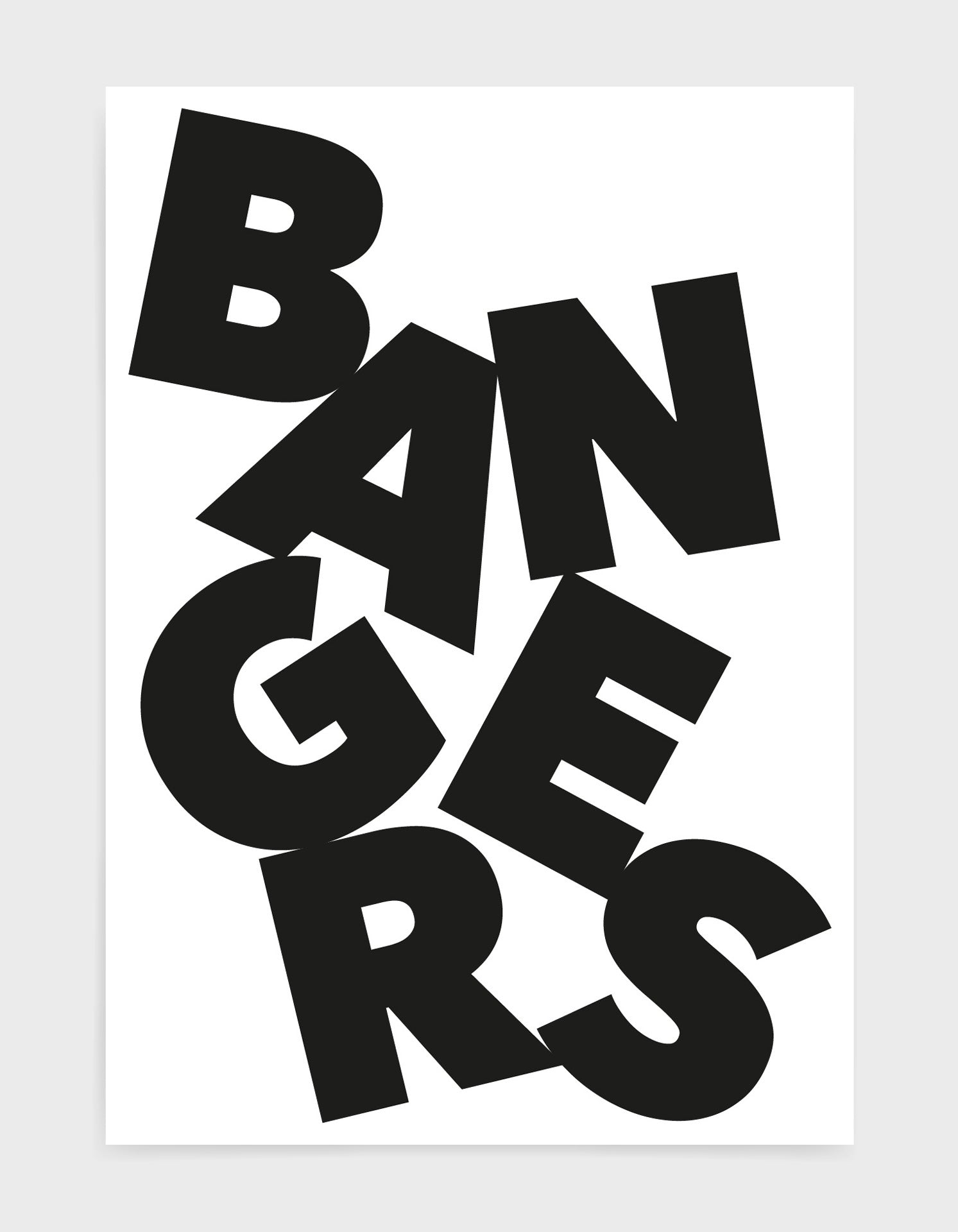 A modern typography poster featuring the word 'Bangers' in bold letters, available in black/white and pink/red color schemes.