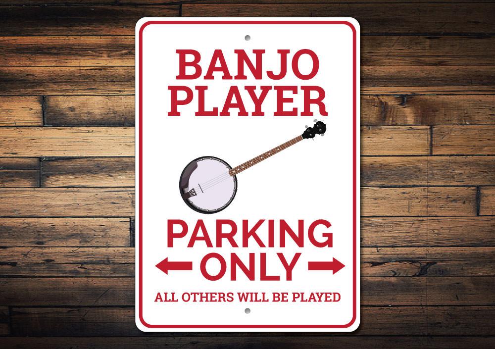 A vibrant Banjo Player Parking Sign made of durable aluminum, featuring a playful banjo graphic, perfect for reserved parking spots.