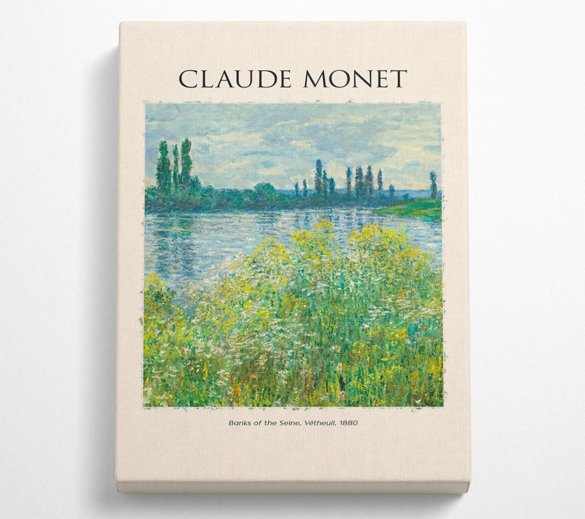 Banks Of The Seine, Vétheuil, 1880 by Claude Monet, a vibrant canvas print mounted on a box frame, showcasing serene river landscape.