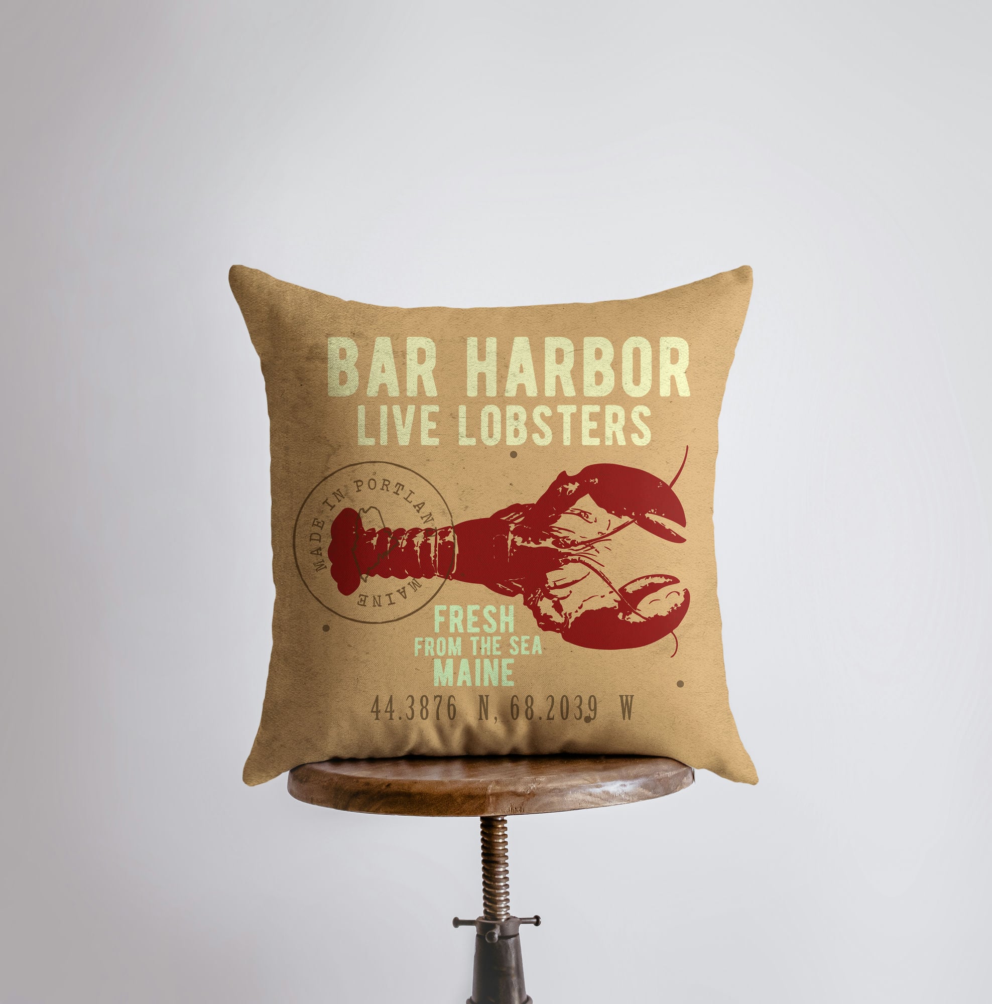 Bar Harbor Live Lobsters throw pillow featuring a vintage lobster design on a sturdy fabric with a concealed zipper.