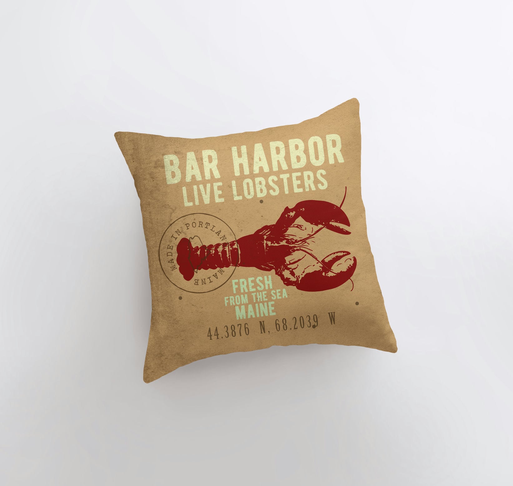 Bar Harbor Live Lobsters throw pillow featuring a vintage lobster design on a sturdy fabric with a concealed zipper.