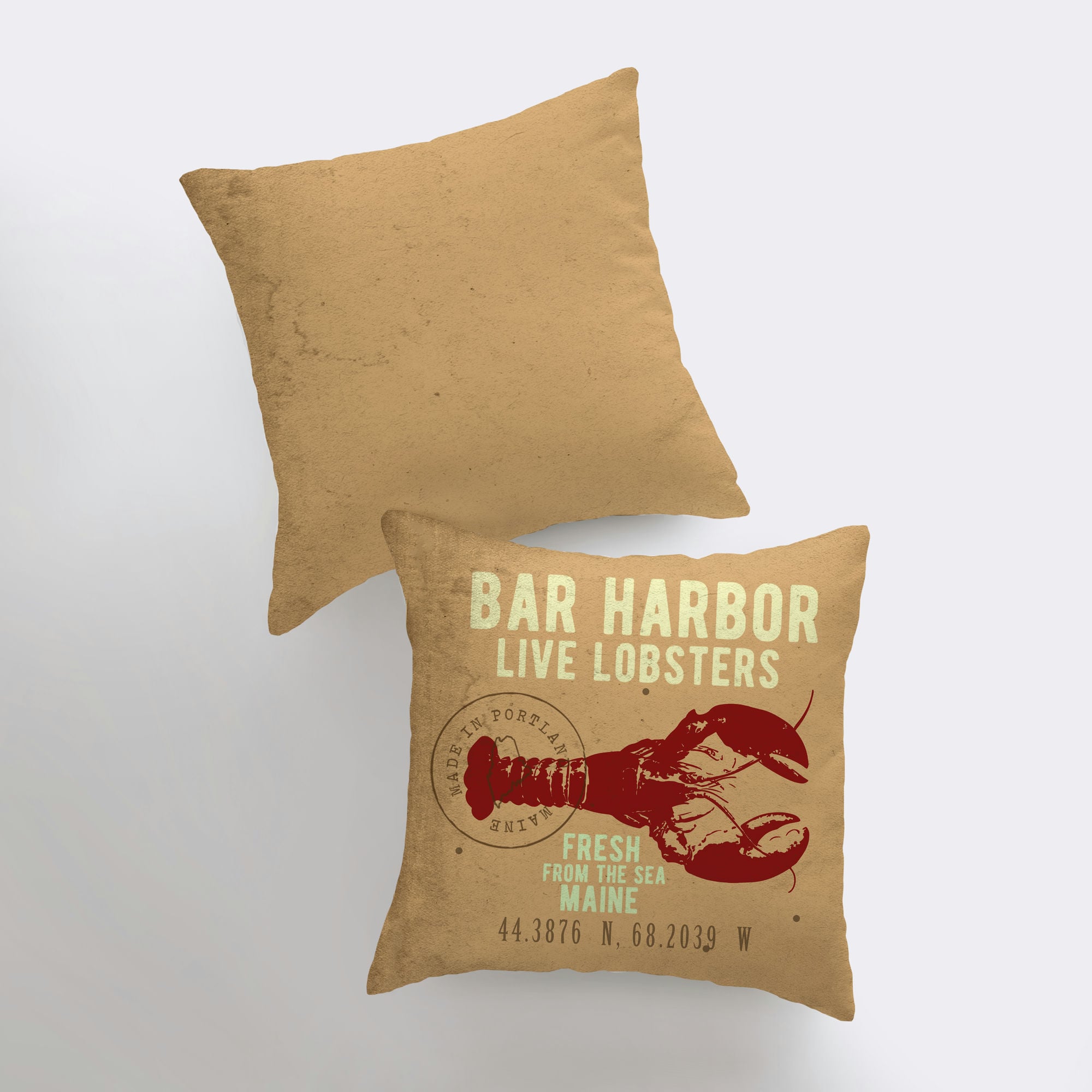 Bar Harbor Live Lobsters throw pillow featuring a vintage lobster design on a sturdy fabric with a concealed zipper.