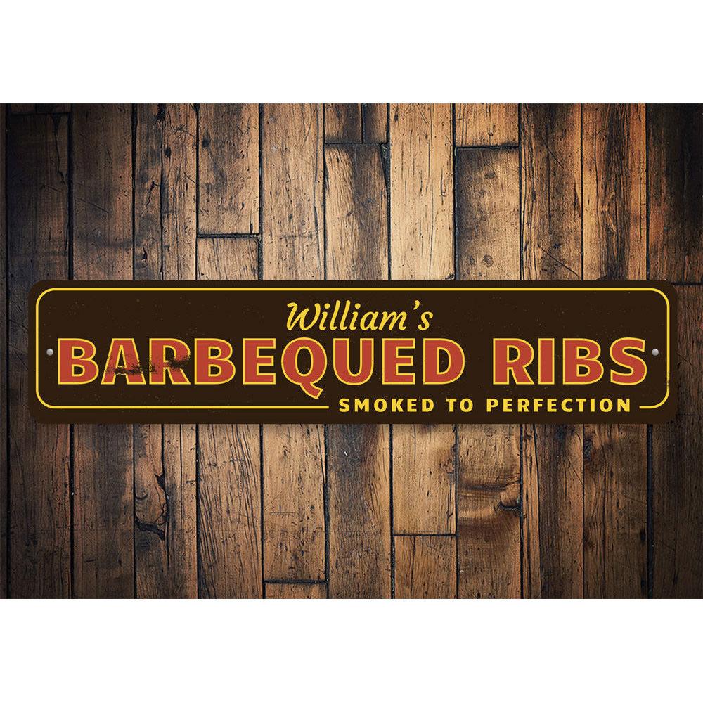 A decorative Barbecued Ribs Sign made of high-quality aluminum, featuring vibrant colors and a fun design, perfect for restaurants and kitchens.