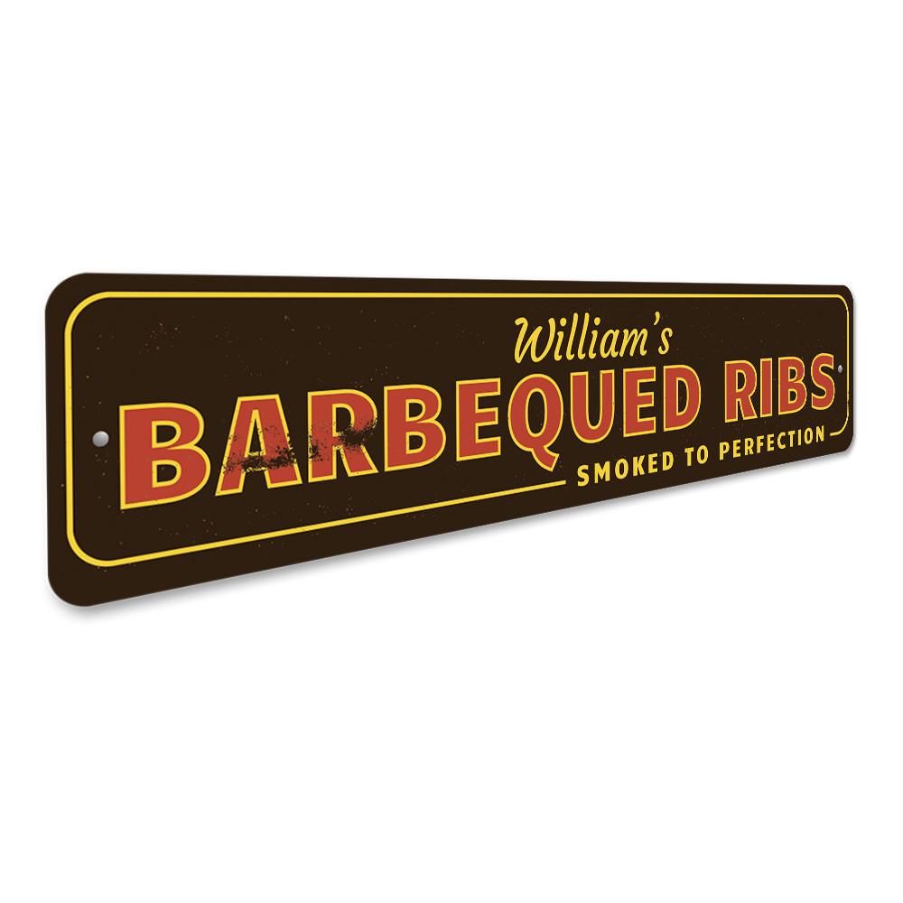 A decorative Barbecued Ribs Sign made of high-quality aluminum, featuring vibrant colors and a fun design, perfect for restaurants and kitchens.