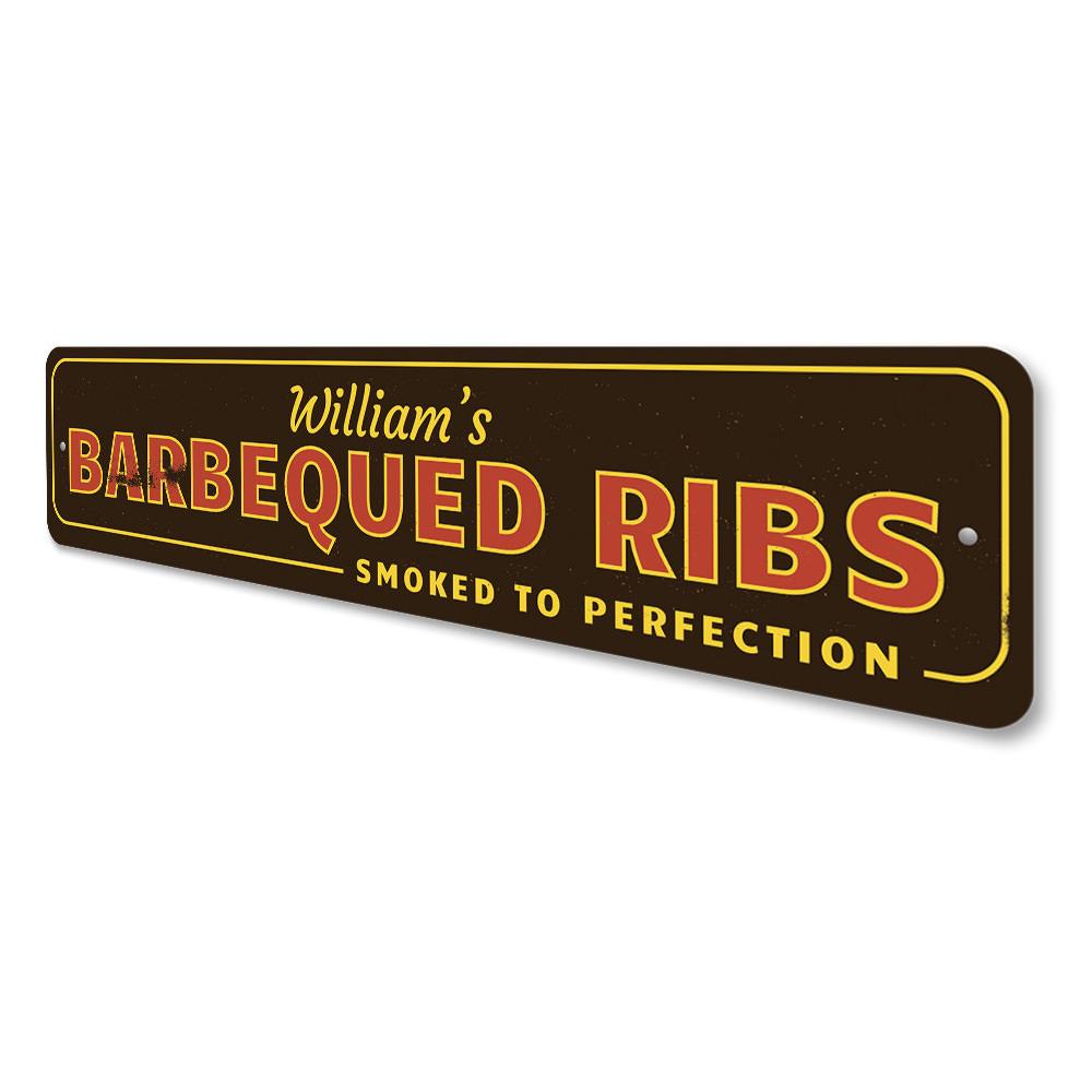 A decorative Barbecued Ribs Sign made of high-quality aluminum, featuring vibrant colors and a fun design, perfect for restaurants and kitchens.