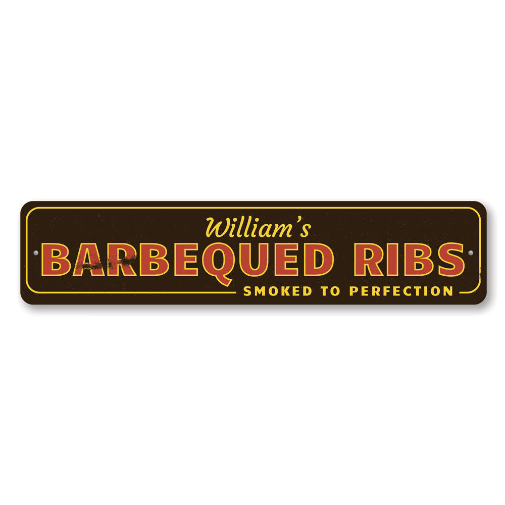 A decorative Barbecued Ribs Sign made of high-quality aluminum, featuring vibrant colors and a fun design, perfect for restaurants and kitchens.