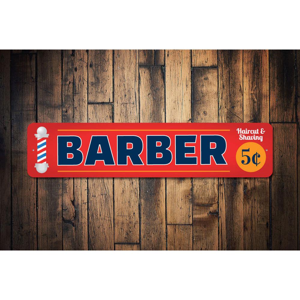 Customizable Barber Shop Sign made from high-quality aluminum, featuring pre-drilled holes for easy mounting.