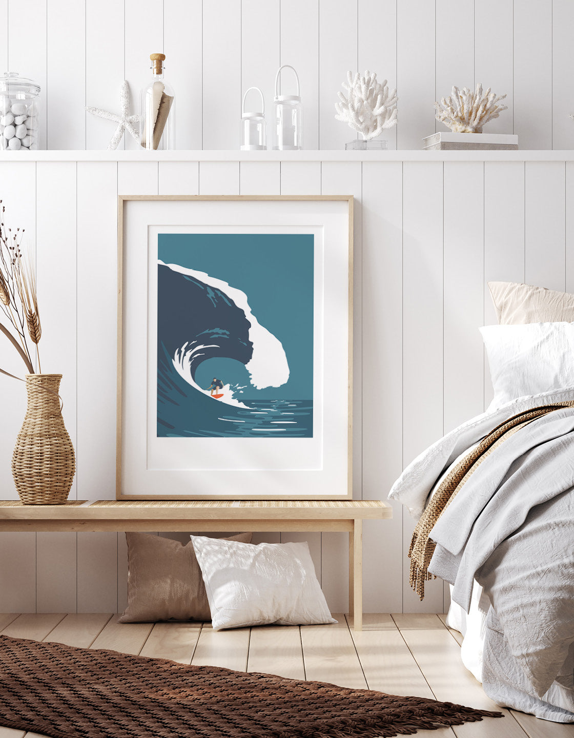 A vibrant Barrel Wave Surfing print showcasing retro surf vibes with ocean waves, perfect for home decor.