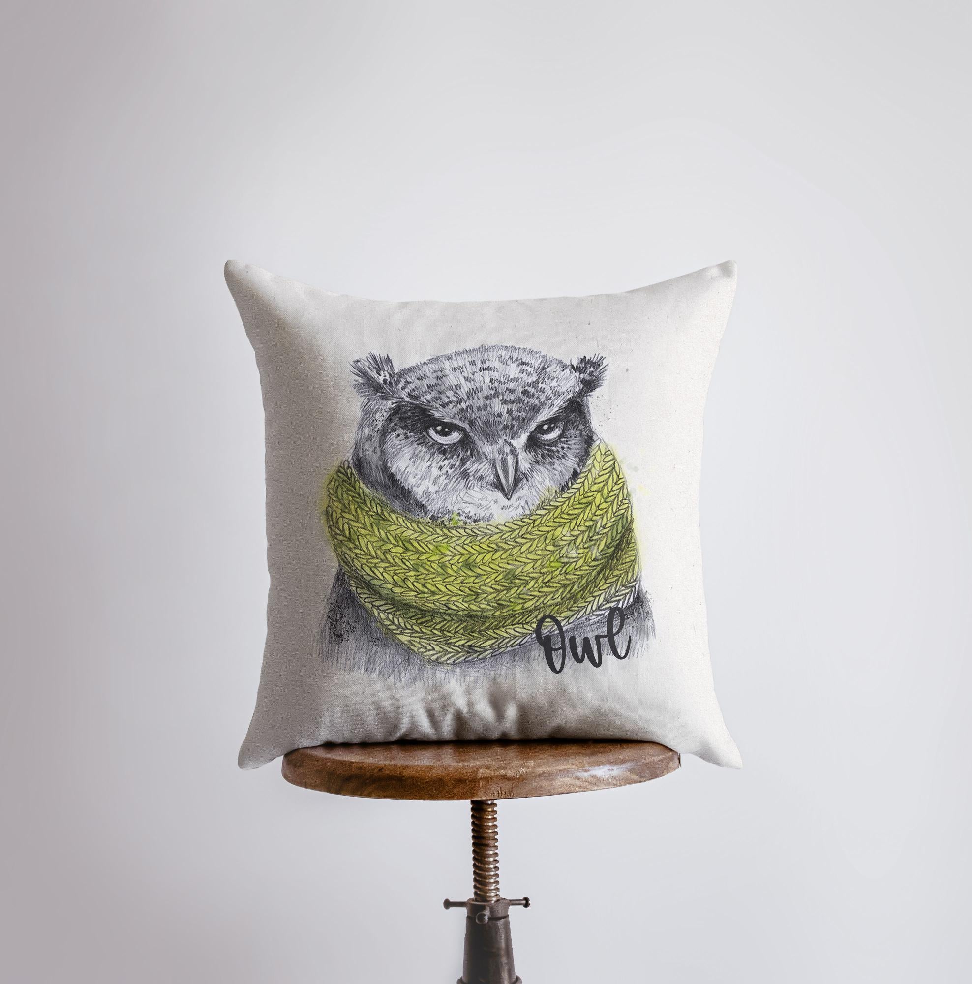 A decorative Barn Owl pillow cover featuring a detailed pencil sketch of an owl on the front and a white back, showcasing its handmade quality.