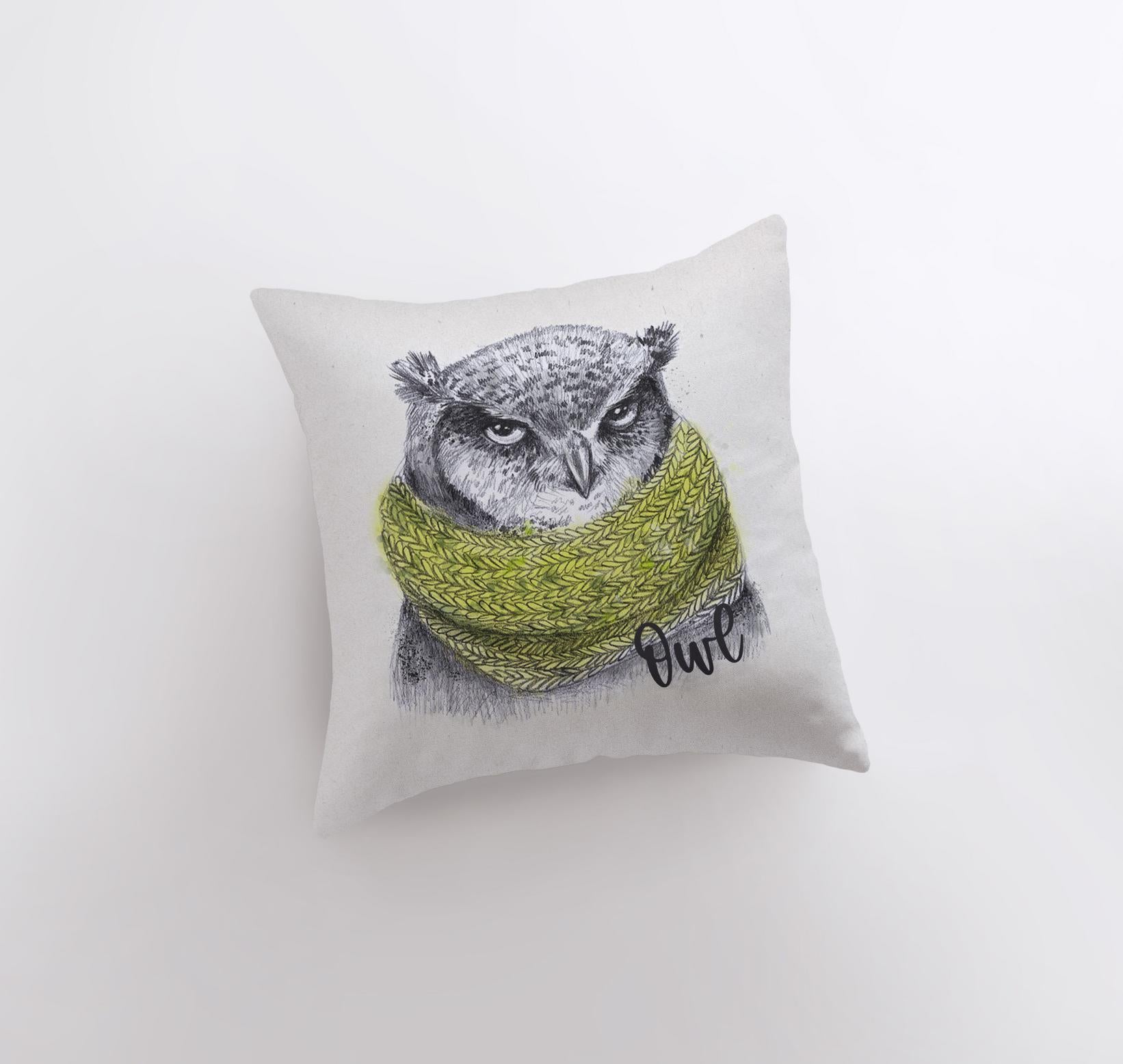 A decorative Barn Owl pillow cover featuring a detailed pencil sketch of an owl on the front and a white back, showcasing its handmade quality.