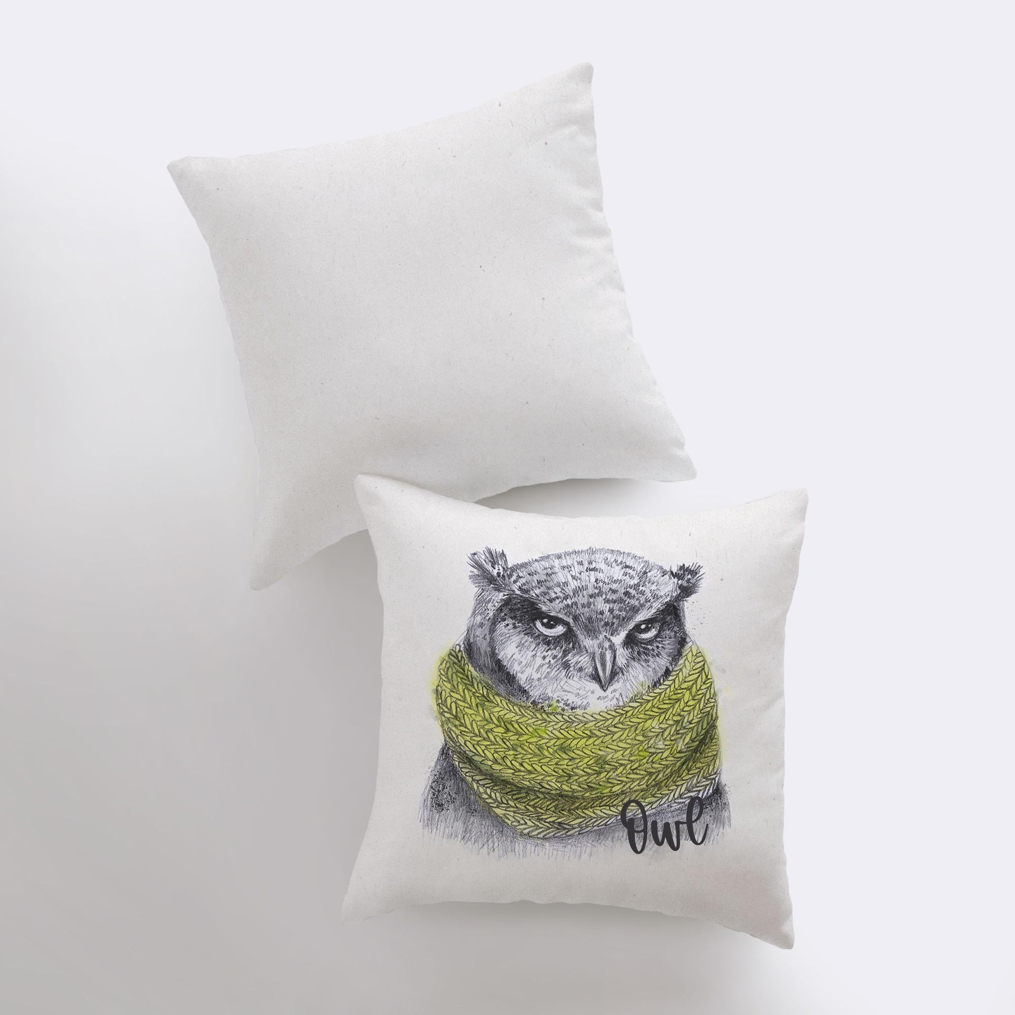 A decorative Barn Owl pillow cover featuring a detailed pencil sketch of an owl on the front and a white back, showcasing its handmade quality.