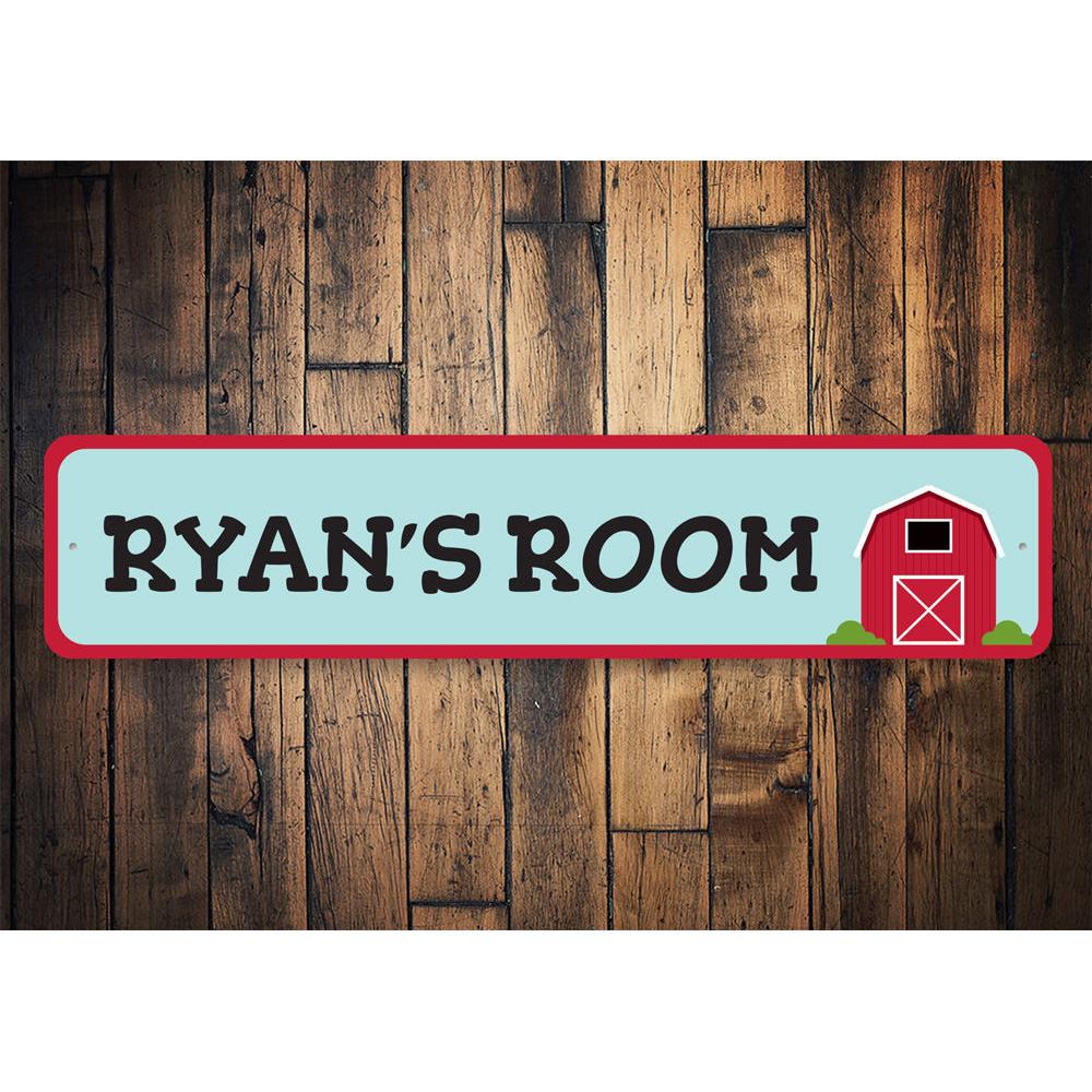 A customizable Barn Room Sign made of high-quality aluminum, featuring a playful design suitable for children's rooms.