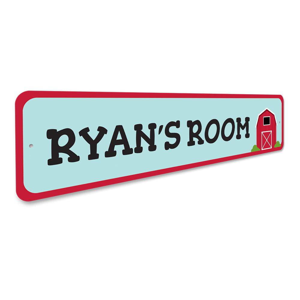 A customizable Barn Room Sign made of high-quality aluminum, featuring a playful design suitable for children's rooms.