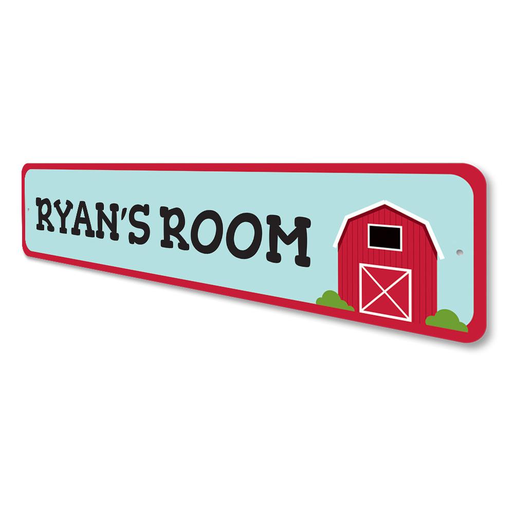 A customizable Barn Room Sign made of high-quality aluminum, featuring a playful design suitable for children's rooms.