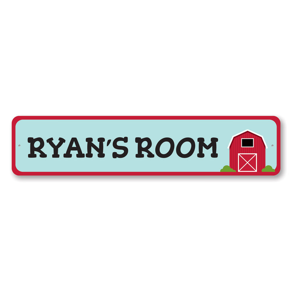 A customizable Barn Room Sign made of high-quality aluminum, featuring a playful design suitable for children's rooms.