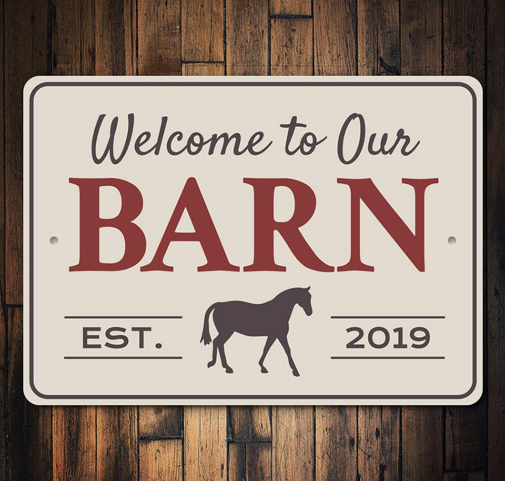 A beautifully crafted Barn Welcome Sign made of high-quality aluminum, featuring customizable text and a rustic design, perfect for barn decor.