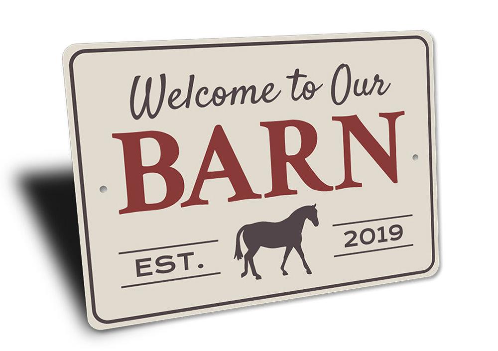 A beautifully crafted Barn Welcome Sign made of high-quality aluminum, featuring customizable text and a rustic design, perfect for barn decor.