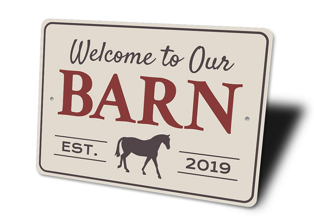 A beautifully crafted Barn Welcome Sign made of high-quality aluminum, featuring customizable text and a rustic design, perfect for barn decor.