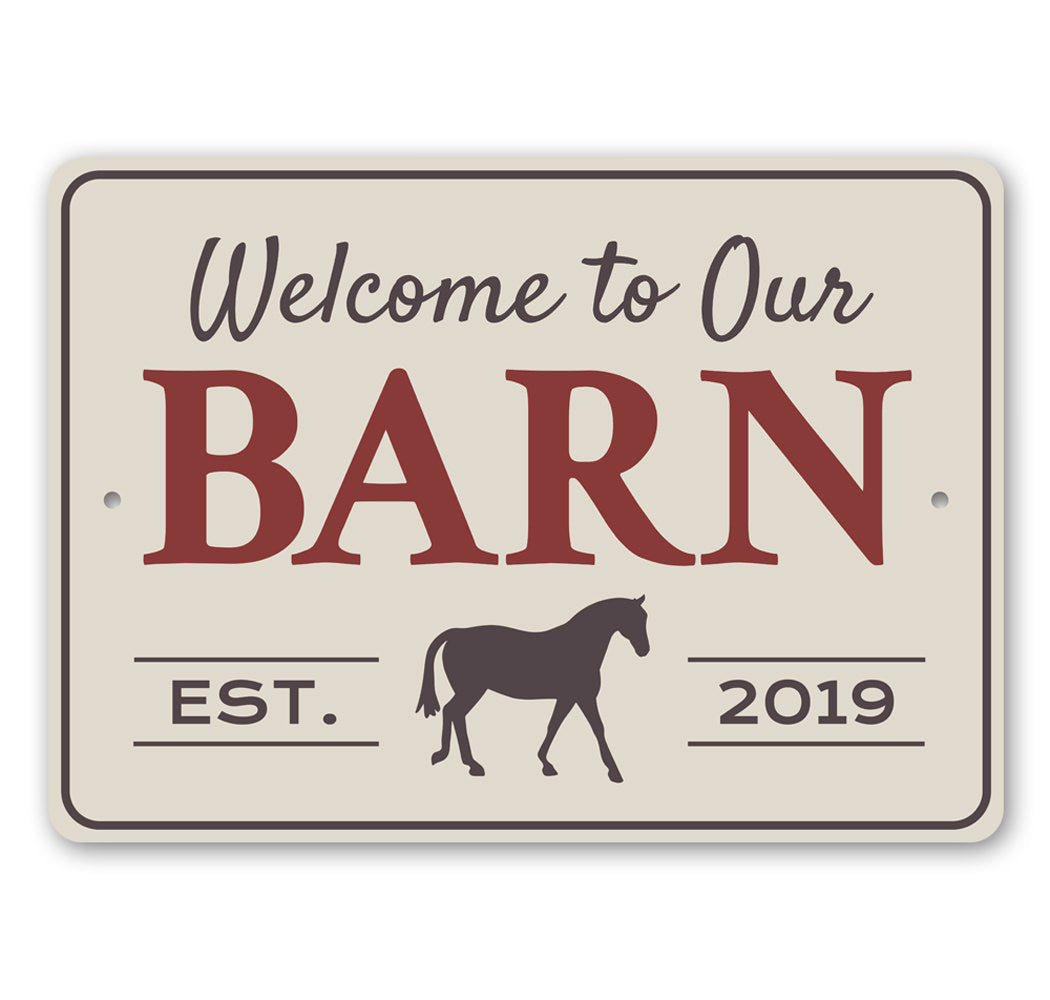 A beautifully crafted Barn Welcome Sign made of high-quality aluminum, featuring customizable text and a rustic design, perfect for barn decor.