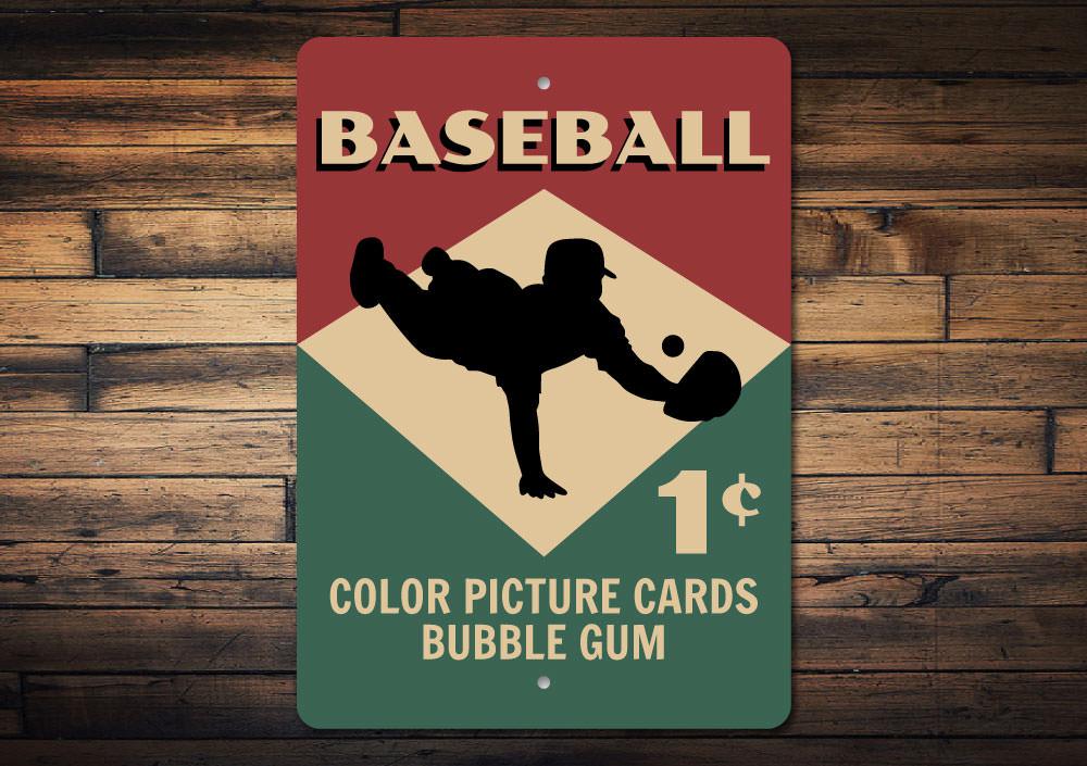 A customizable Baseball Card Sign made of high-quality aluminum, featuring vibrant colors and pre-drilled holes for easy mounting.