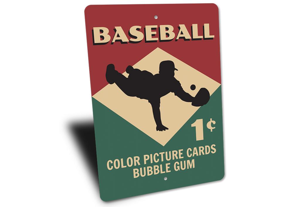 A customizable Baseball Card Sign made of high-quality aluminum, featuring vibrant colors and pre-drilled holes for easy mounting.