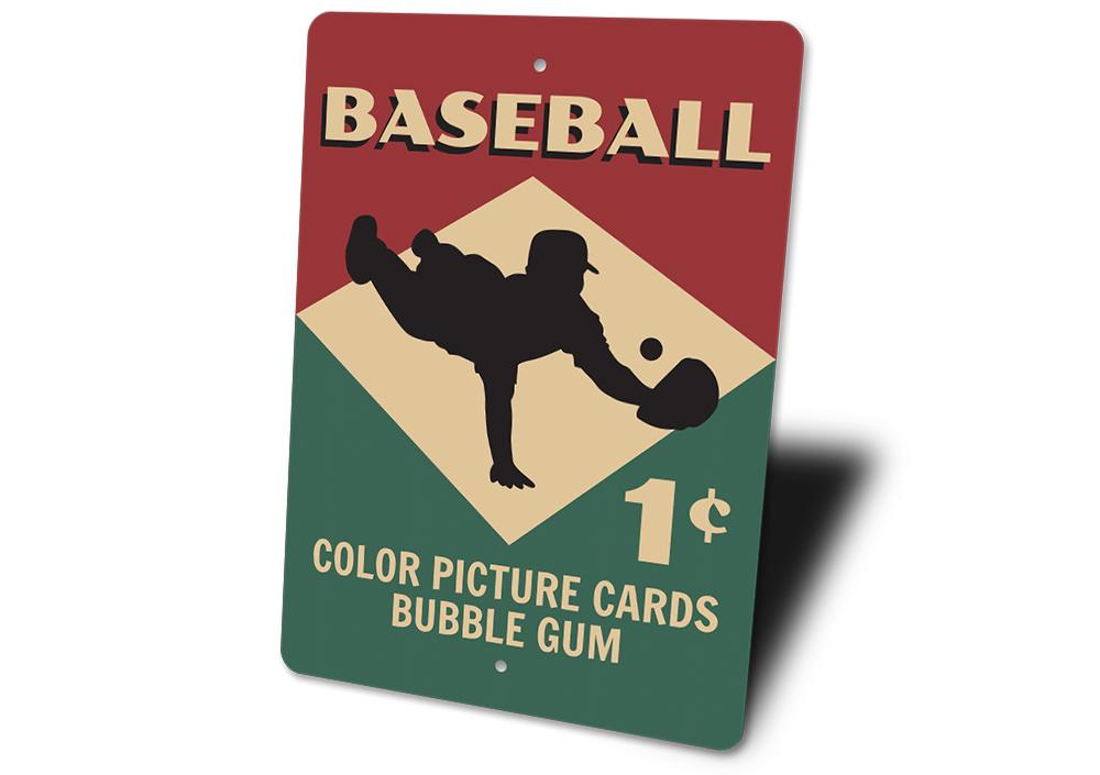 A customizable Baseball Card Sign made of high-quality aluminum, featuring vibrant colors and pre-drilled holes for easy mounting.