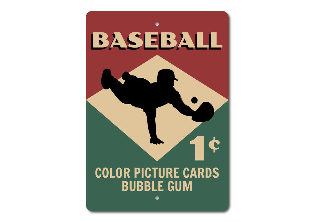 A customizable Baseball Card Sign made of high-quality aluminum, featuring vibrant colors and pre-drilled holes for easy mounting.