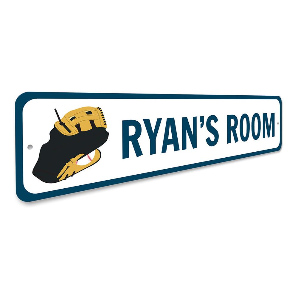 A decorative Baseball Glove Sign made of high-quality aluminum, featuring customizable text, perfect for kids' rooms or sports-themed decor.